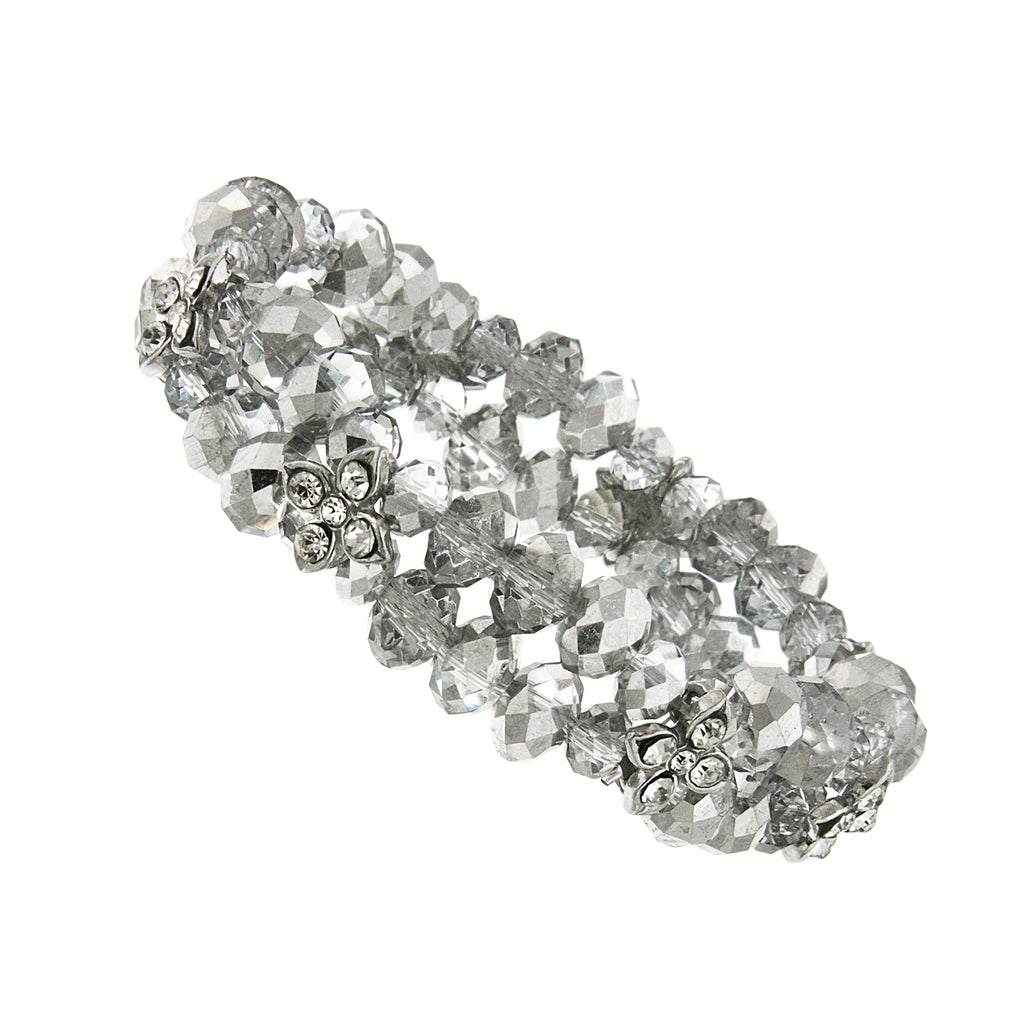 Silver Tone Crystal 2 Row Beaded Stretch Bracelet