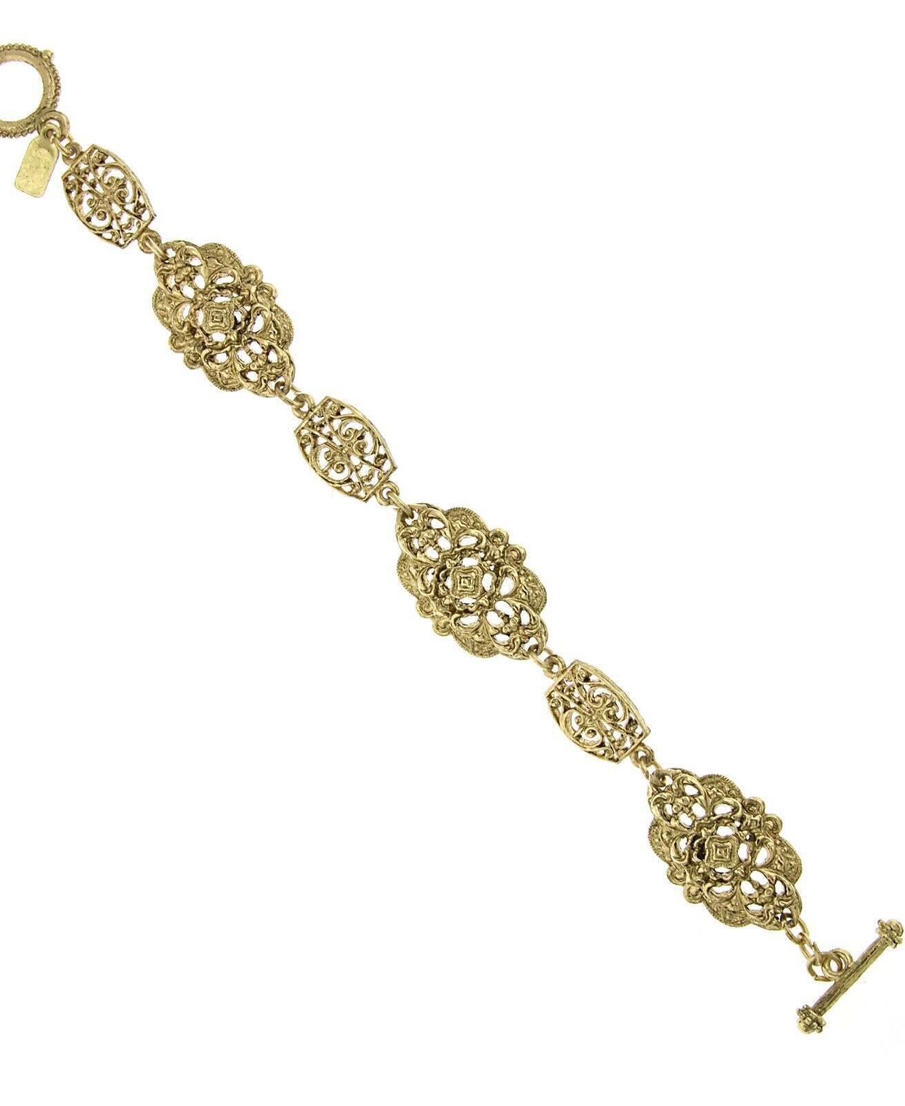 1928 Jewelry Gold Nouveau Signature Filigree Toggle Link Bracelet 7.5"