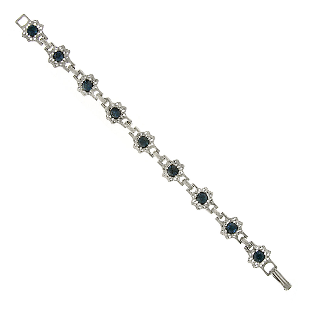 Dark Blue Silver Tone Round Crystal Flower Link Clasp Bracelet