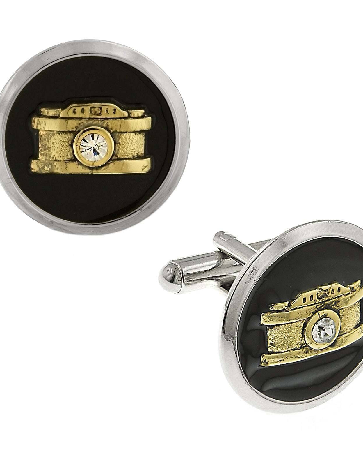 1928 Jewelry Black Enamel Crystal Camera Cufflinks