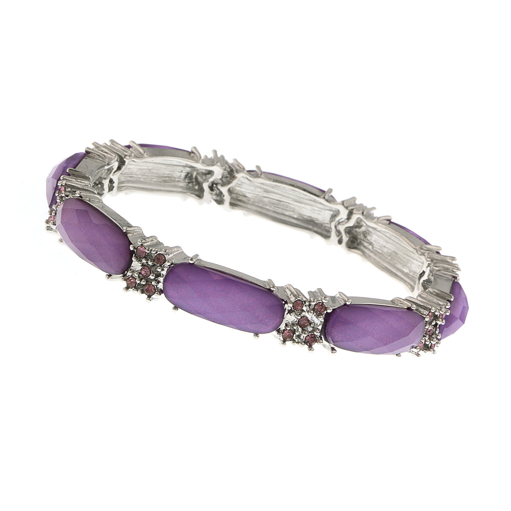 Purple Gold Tone Oblong Stone And Crystal Accent Slim Stretch Bracelet