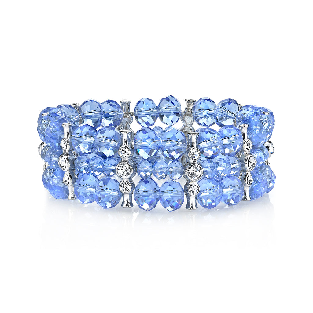 Silver Tone Lt. Sapphire Blue Color With Crystal 3 Row Beaded Stretch Bracelet