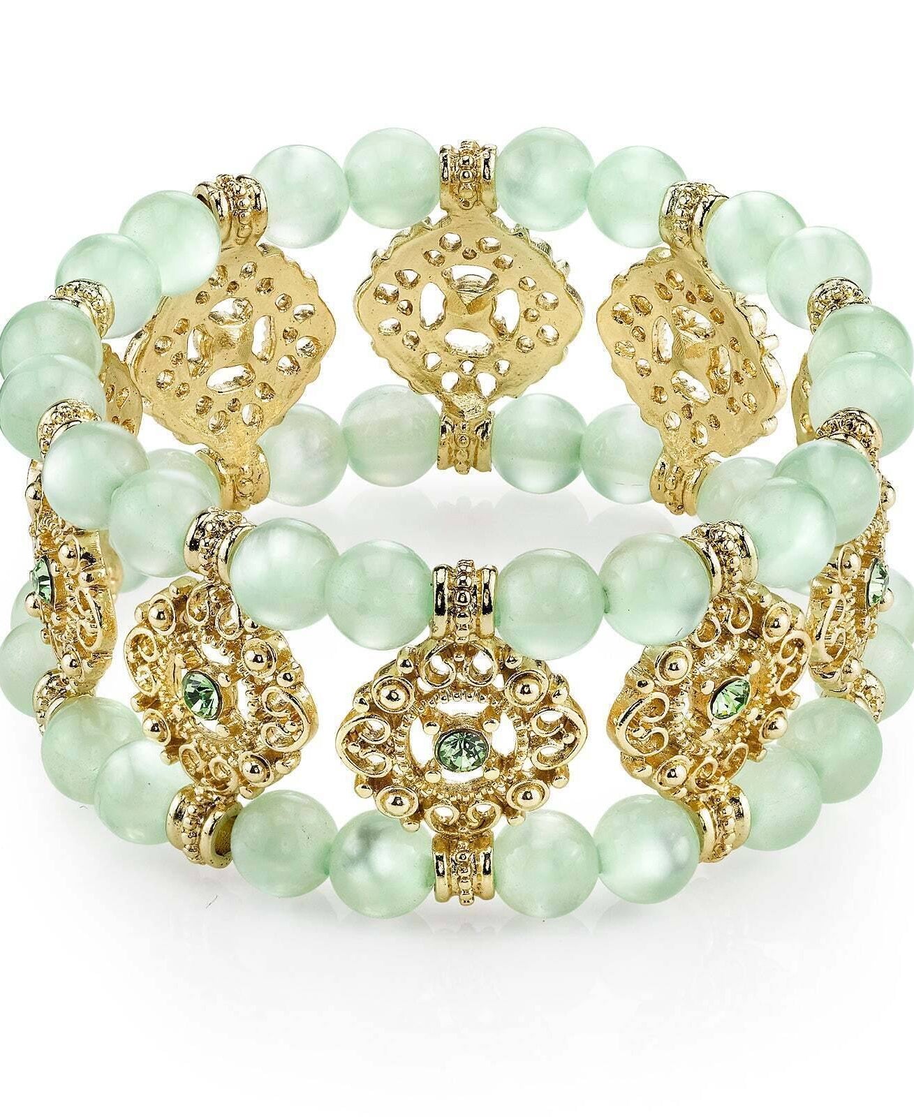 1928 Jewelry Smooth Cat's Eye Beaded Filigree Crystal Stretch Bracelet