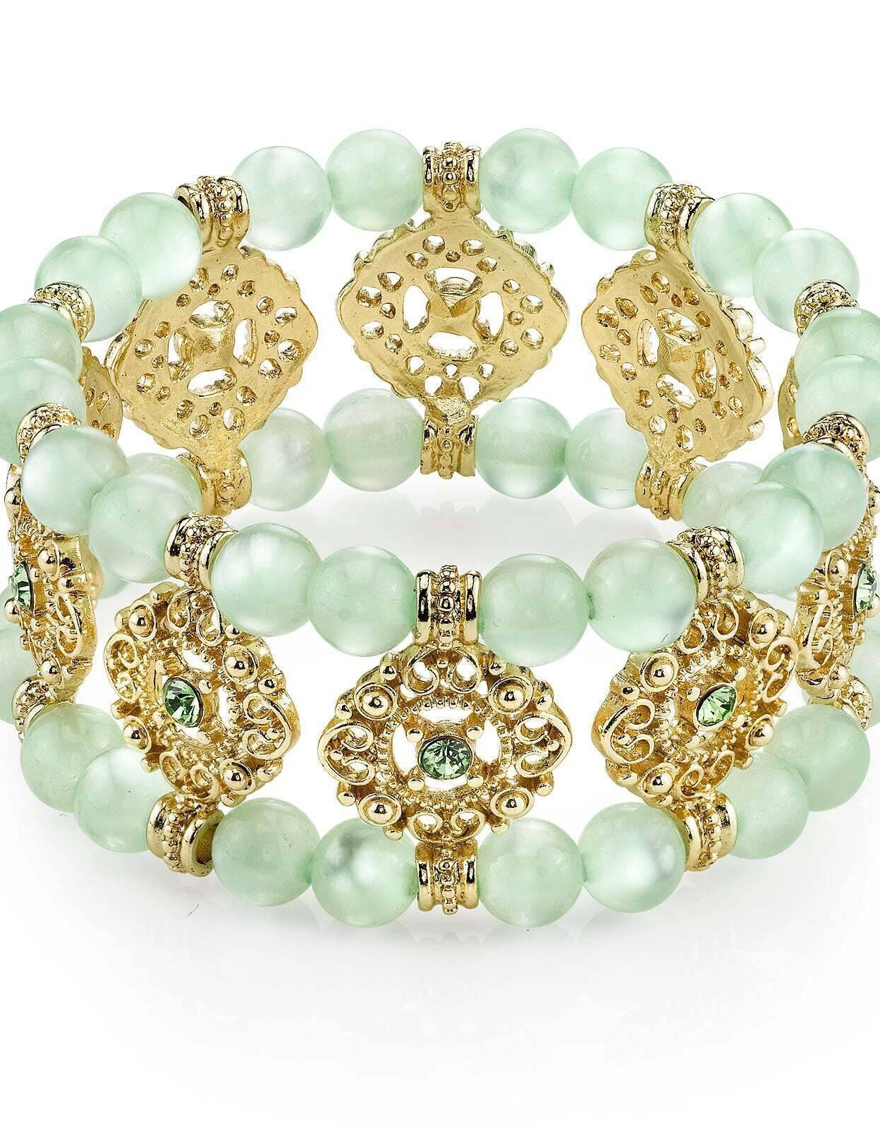 1928 Jewelry Smooth Cat's Eye Beaded Filigree Crystal Stretch Bracelet