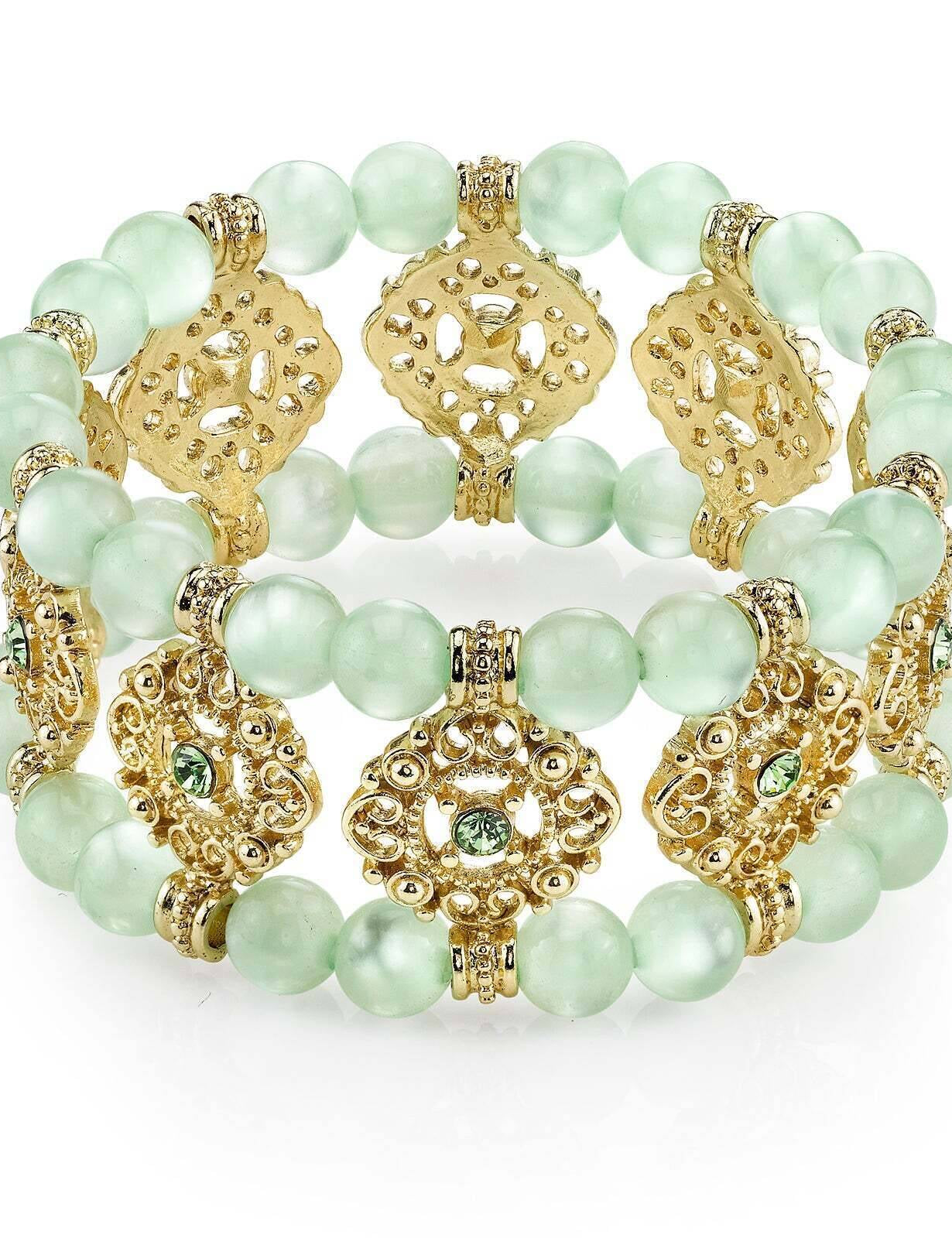 1928 Jewelry Smooth Cat's Eye Beaded Filigree Crystal Stretch Bracelet