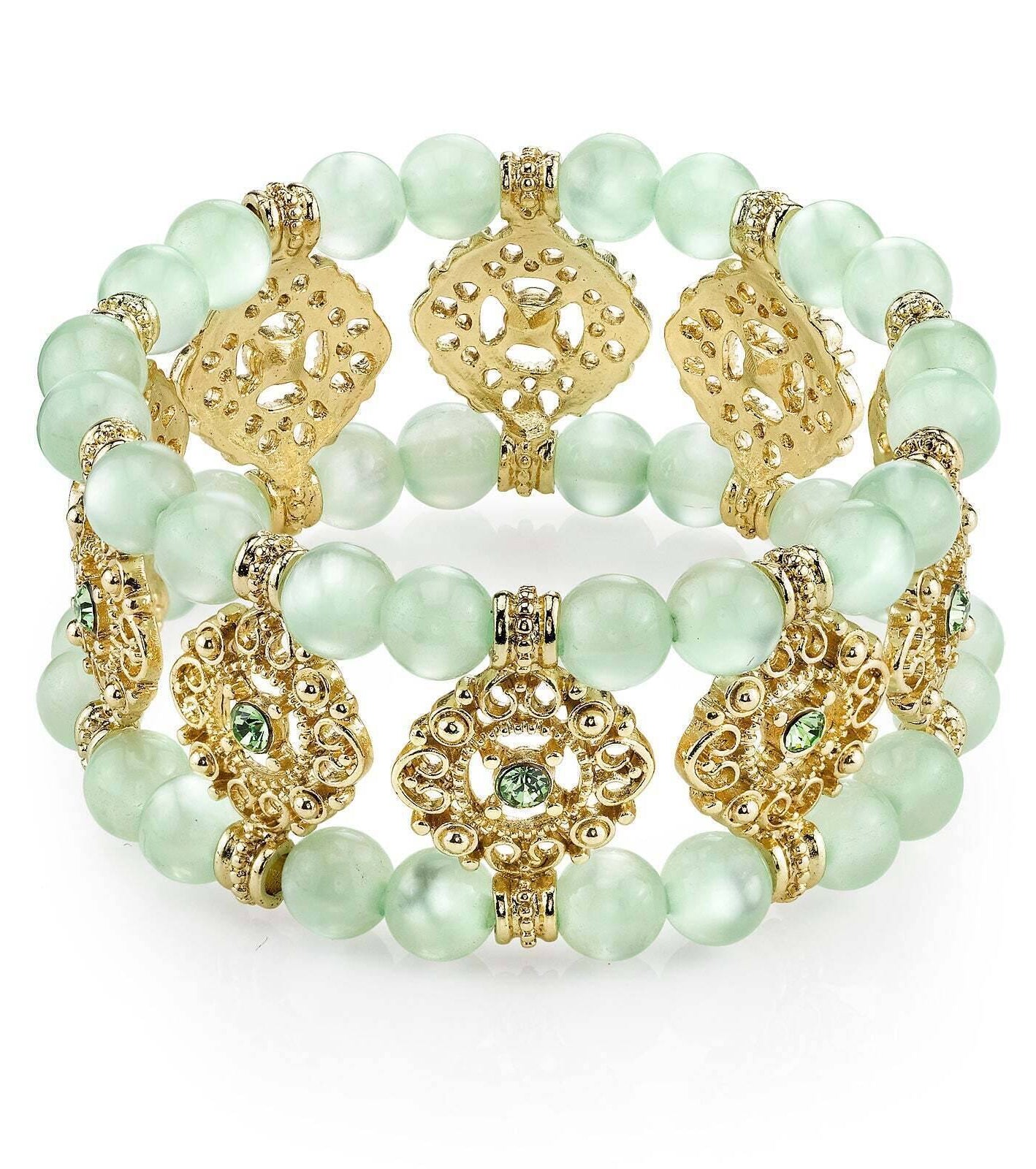 1928 Jewelry Smooth Cat's Eye Beaded Filigree Crystal Stretch Bracelet