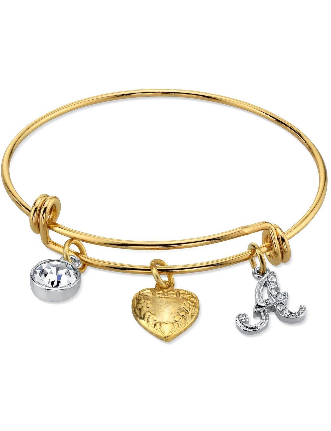1928 Jewelry Gold Heart Initial Crystal Charm Bangle Bracelet, 2.5"