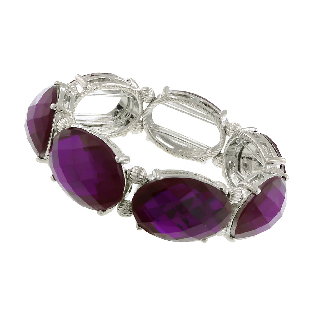 Purple Silver Tone Oval Faceted Stretch Bracelet