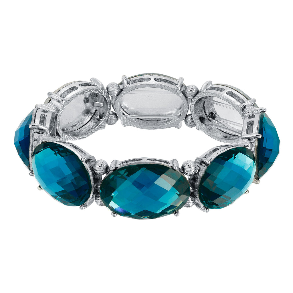Blue Silver Tone Oval Faceted Stretch Bracelet