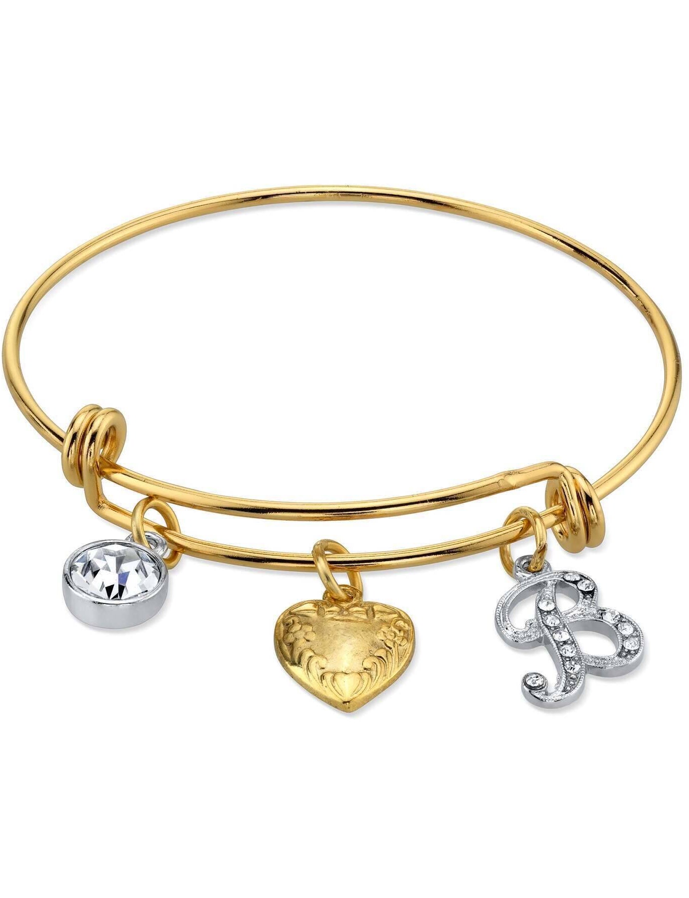 1928 Jewelry Gold Heart Initial Crystal Charm Bangle Bracelet, 2.5"