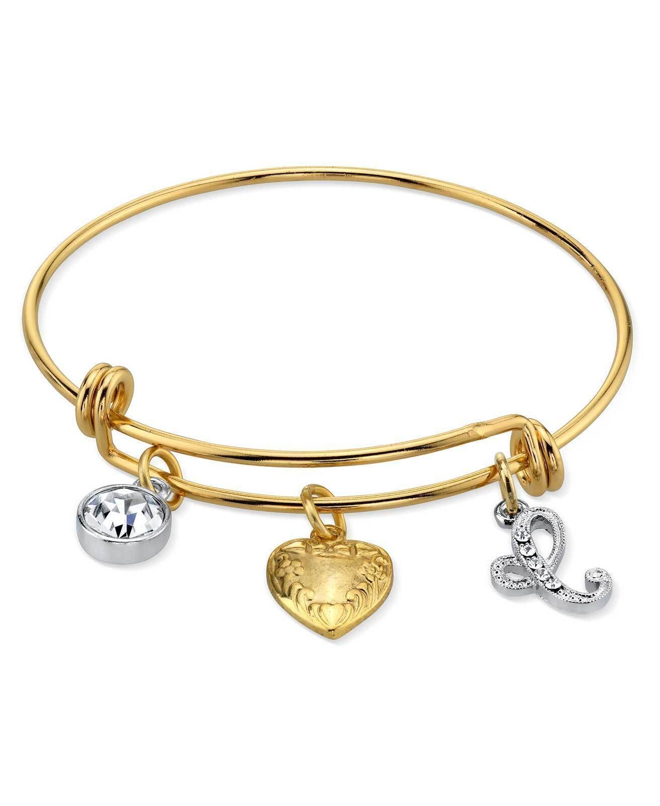 1928 Jewelry Gold Heart Initial Crystal Charm Bangle Bracelet, 2.5"