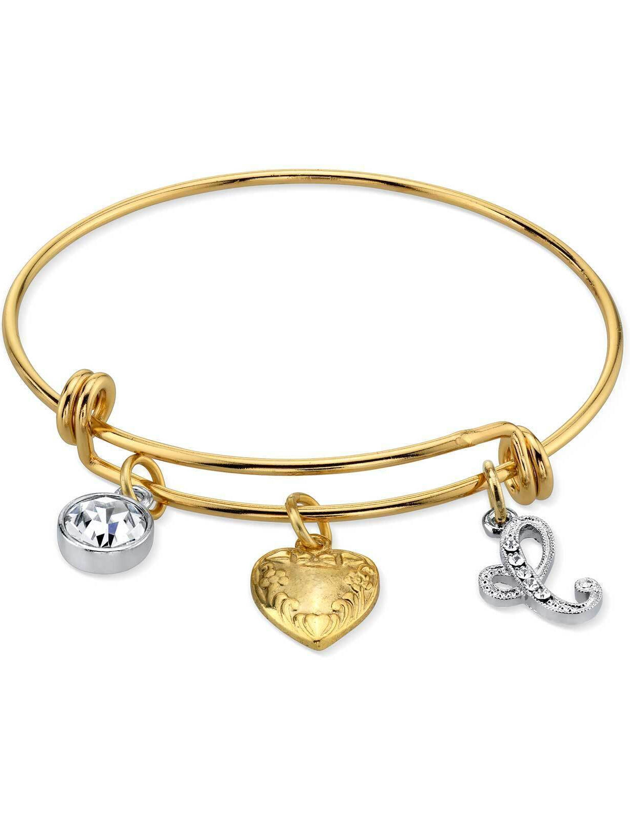 1928 Jewelry Gold Heart Initial Crystal Charm Bangle Bracelet, 2.5"