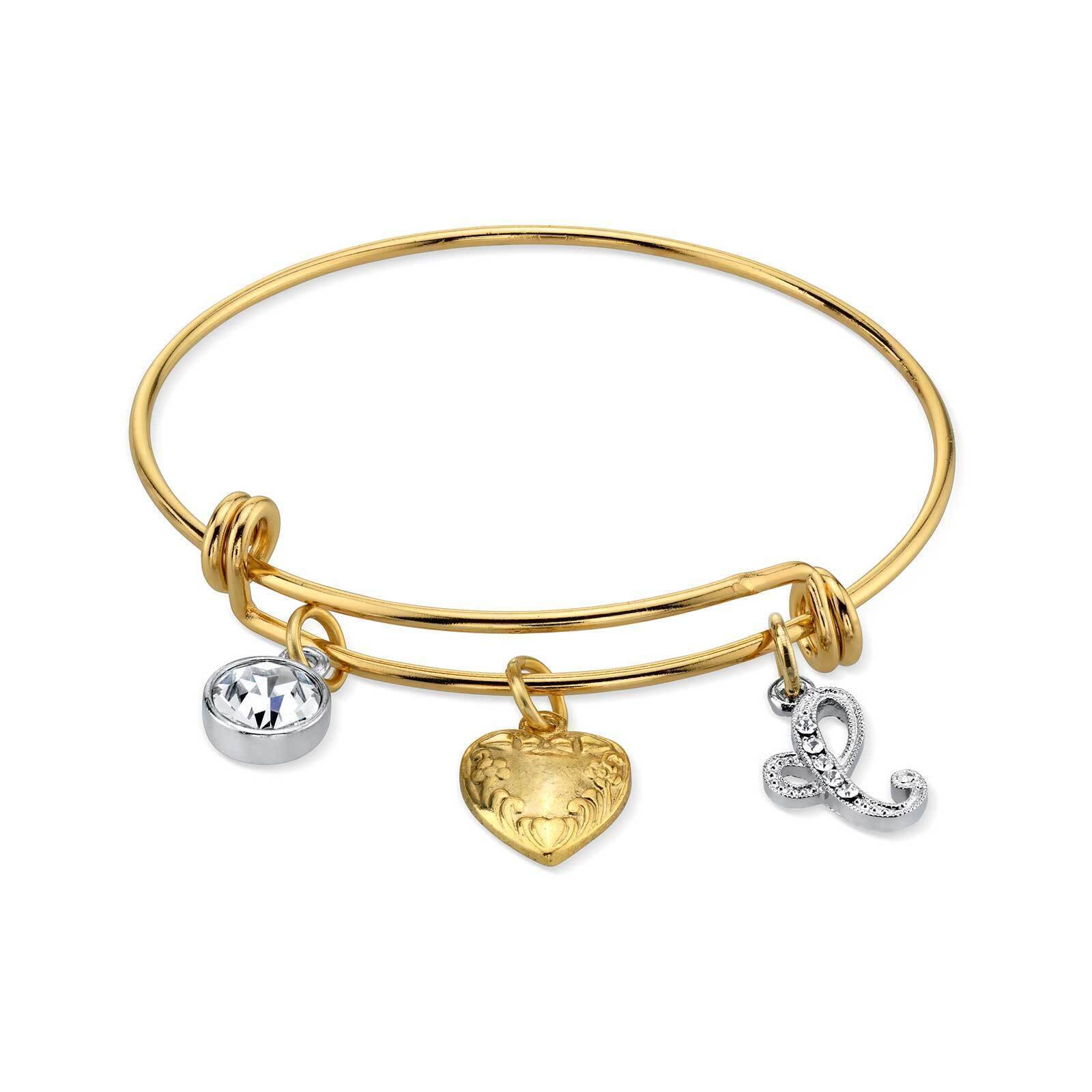 1928 Jewelry Gold Heart Initial Crystal Charm Bangle Bracelet, 2.5"