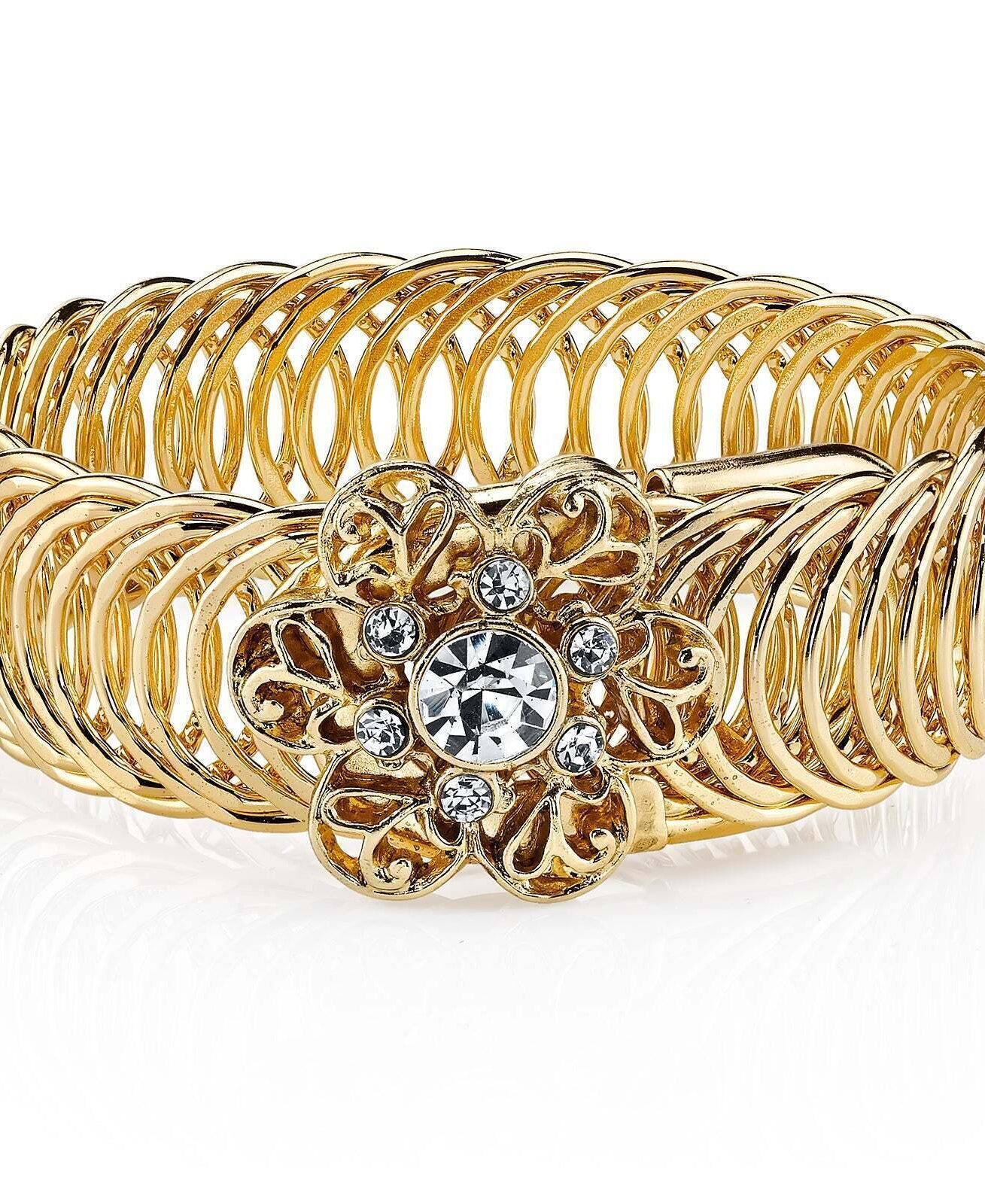 2028 Jewelry Crystal Flower Metal Weave Overlay Belt Bracelet