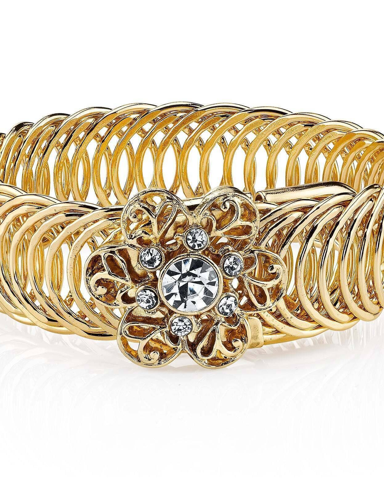 2028 Jewelry Crystal Flower Metal Weave Overlay Belt Bracelet