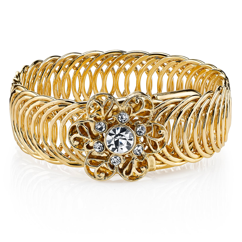 Gold Tone Crystal W/ Crystal Flower Overlay Belt Bracelet
