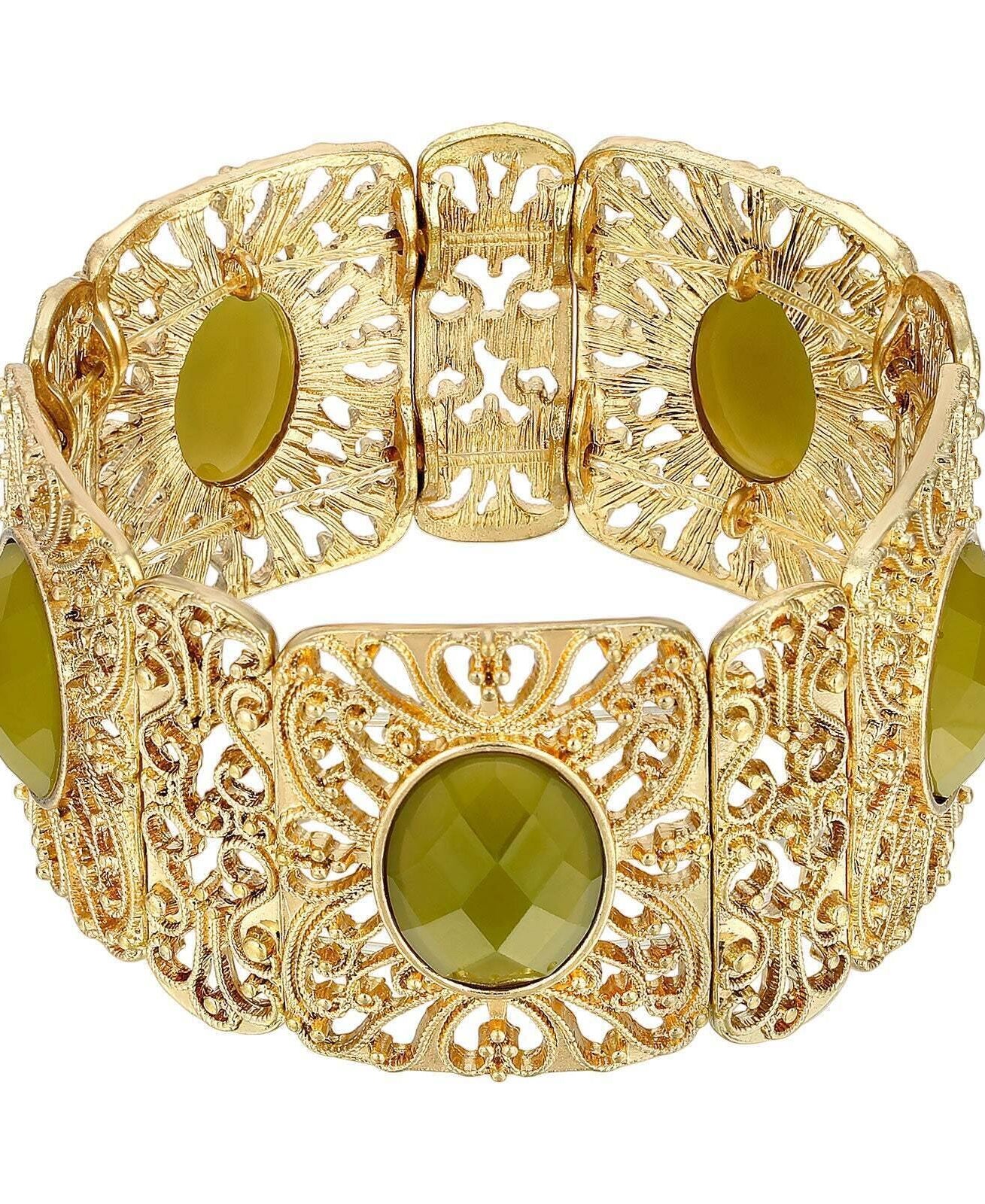 1928 Jewelry Intricate Filigree Oval High Dome Faceted Stretch Bracelet