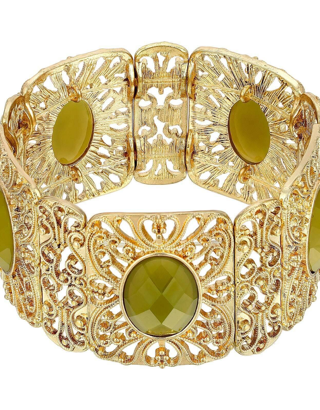 1928 Jewelry Intricate Filigree Oval High Dome Faceted Stretch Bracelet