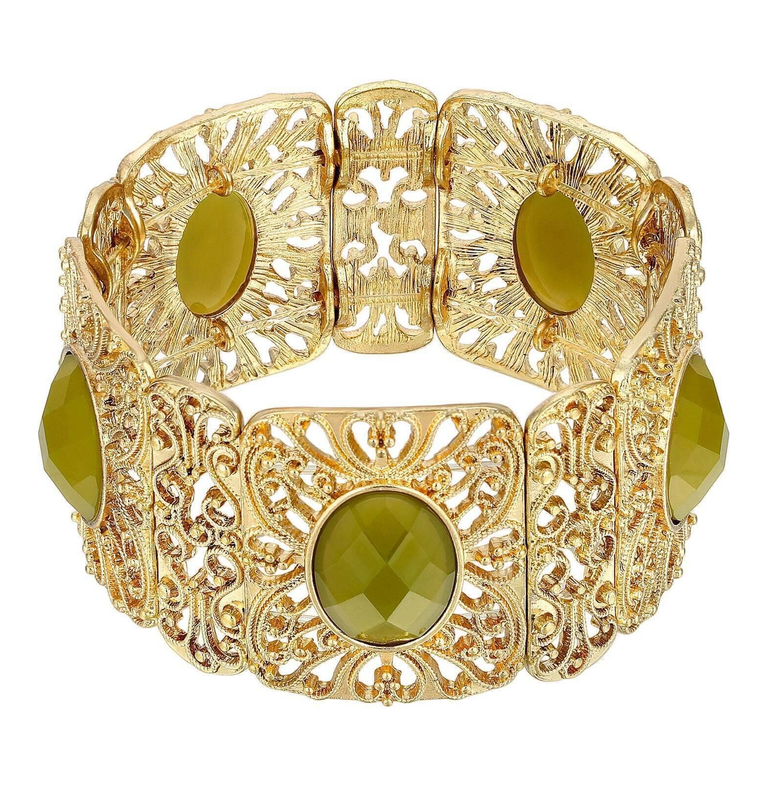 1928 Jewelry Intricate Filigree Oval High Dome Faceted Stretch Bracelet