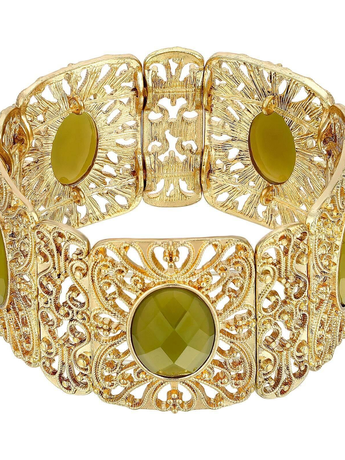 1928 Jewelry Intricate Filigree Oval High Dome Faceted Stretch Bracelet