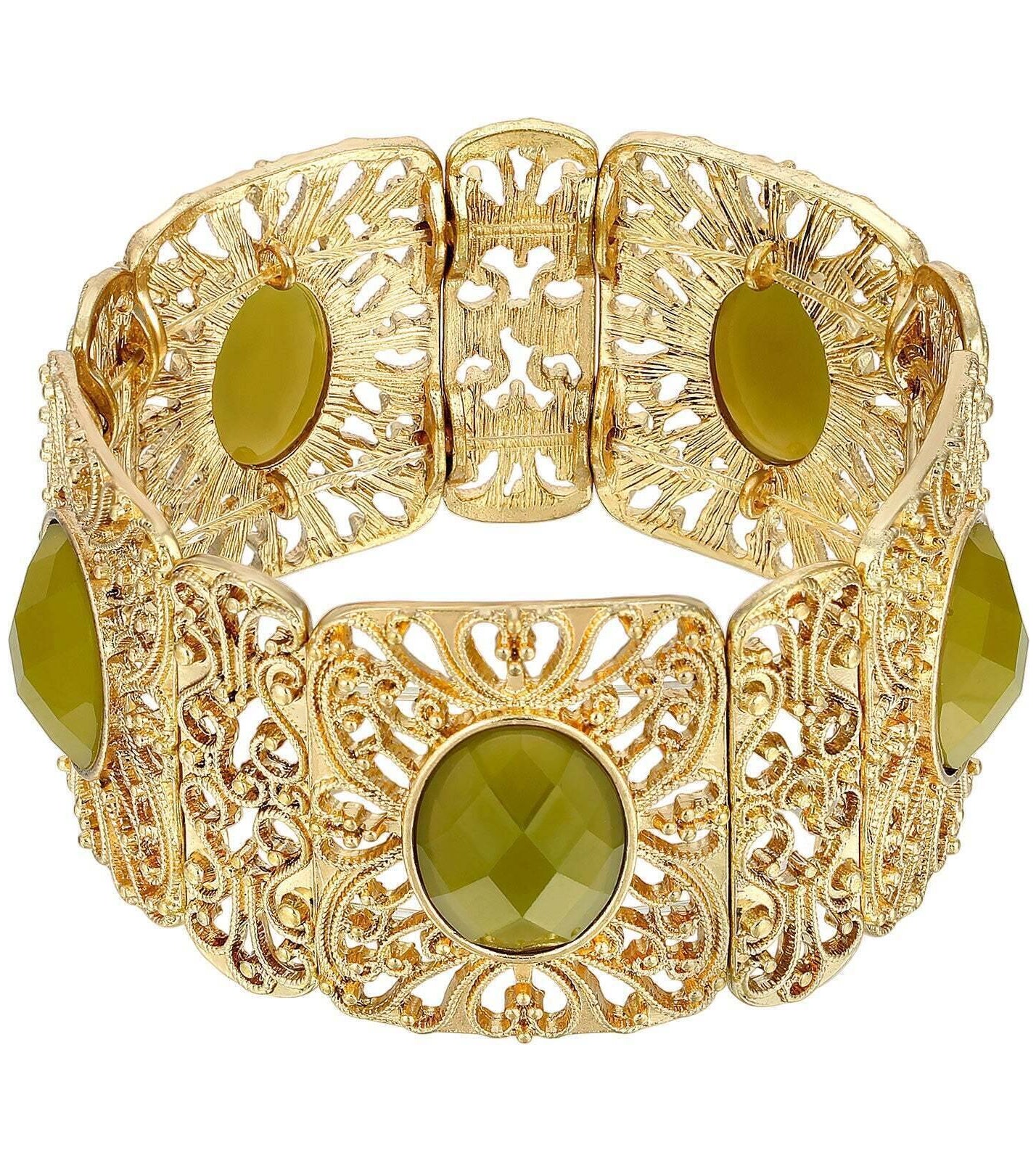 1928 Jewelry Intricate Filigree Oval High Dome Faceted Stretch Bracelet