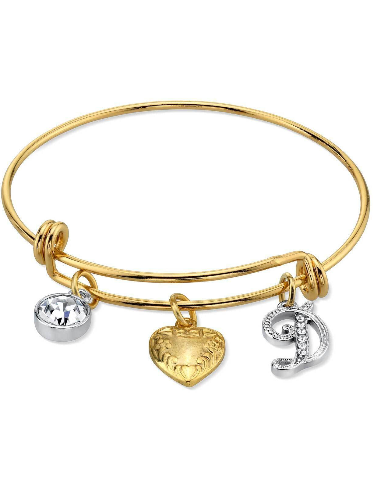 1928 Jewelry Gold Heart Initial Crystal Charm Bangle Bracelet, 2.5"