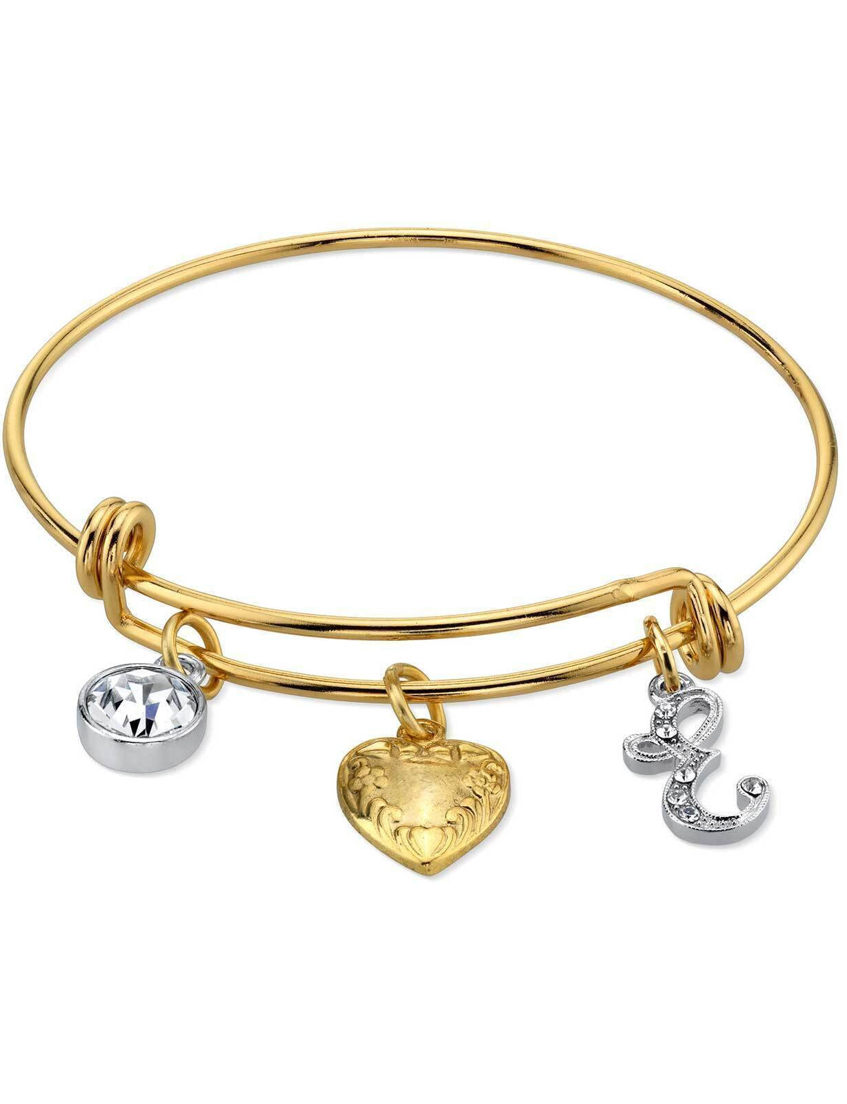 1928 Jewelry Gold Heart Initial Crystal Charm Bangle Bracelet, 2.5"