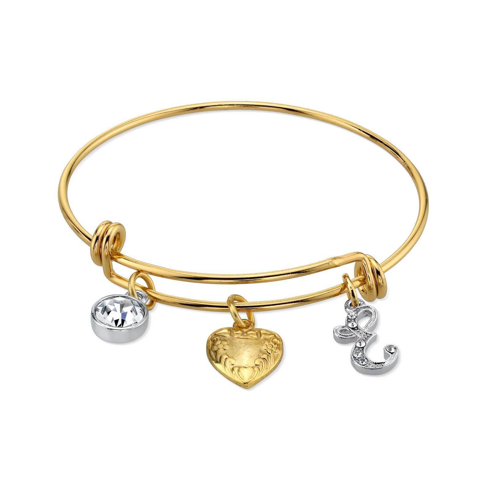 1928 Jewelry Gold Heart Initial Crystal Charm Bangle Bracelet, 2.5"