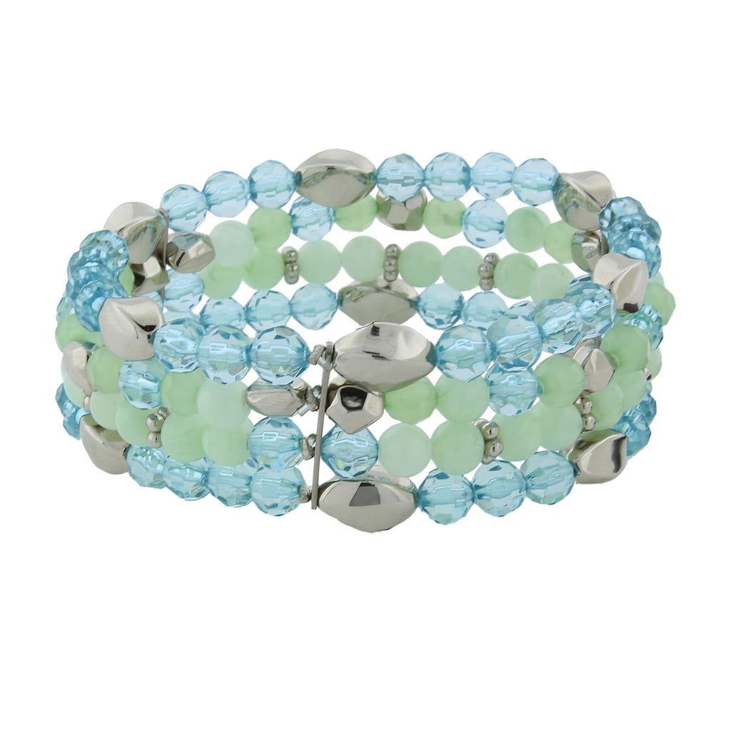 Silver Tone Aqua And Mint Green 4 Row Beaded Stretch Bracelet