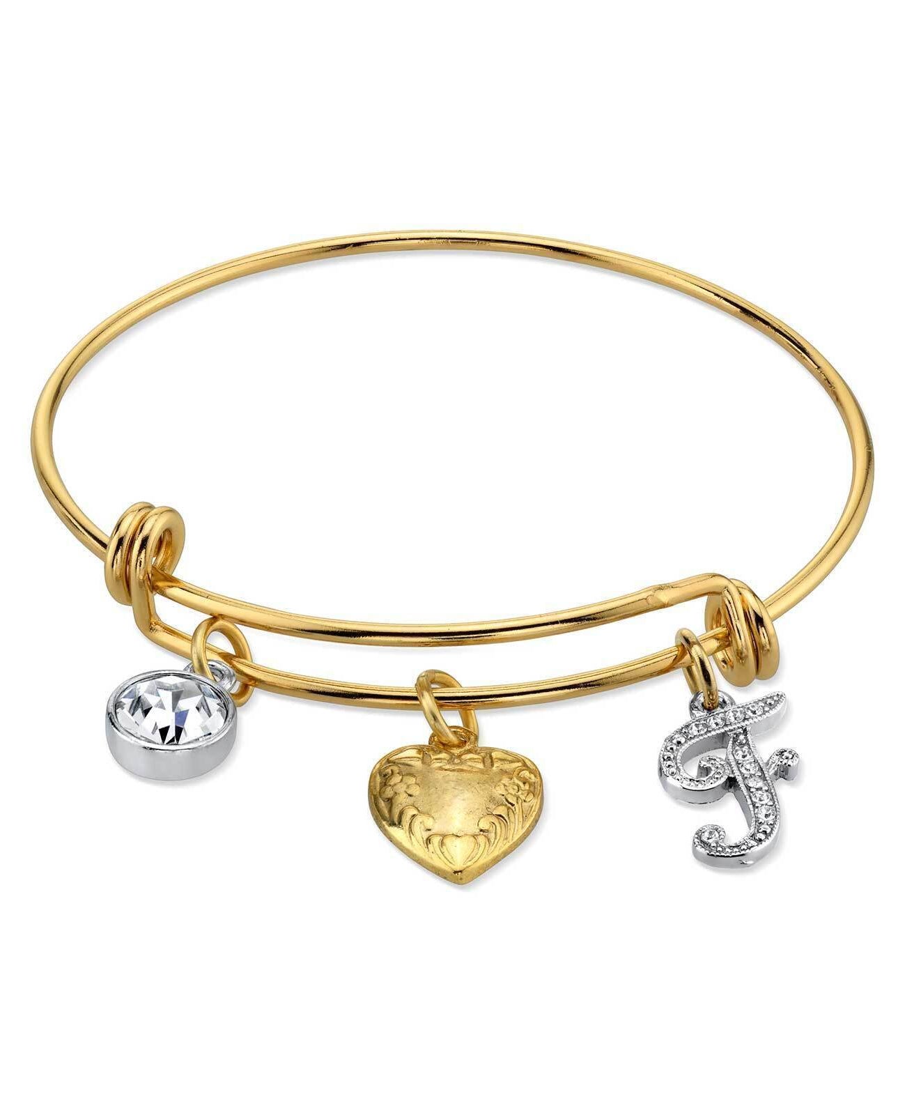 1928 Jewelry Gold Heart Initial Crystal Charm Bangle Bracelet, 2.5"