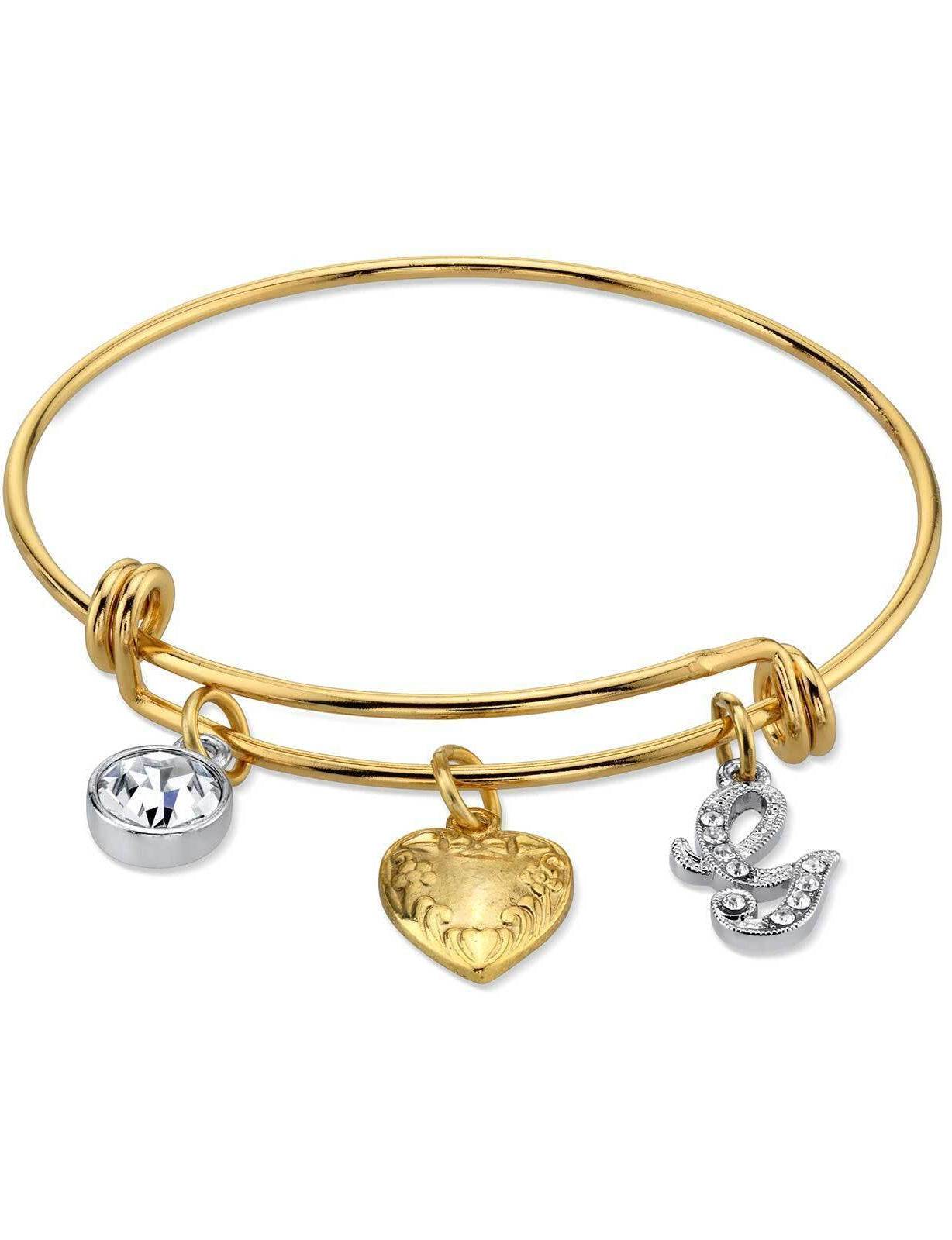 1928 Jewelry Gold Heart Initial Crystal Charm Bangle Bracelet, 2.5"