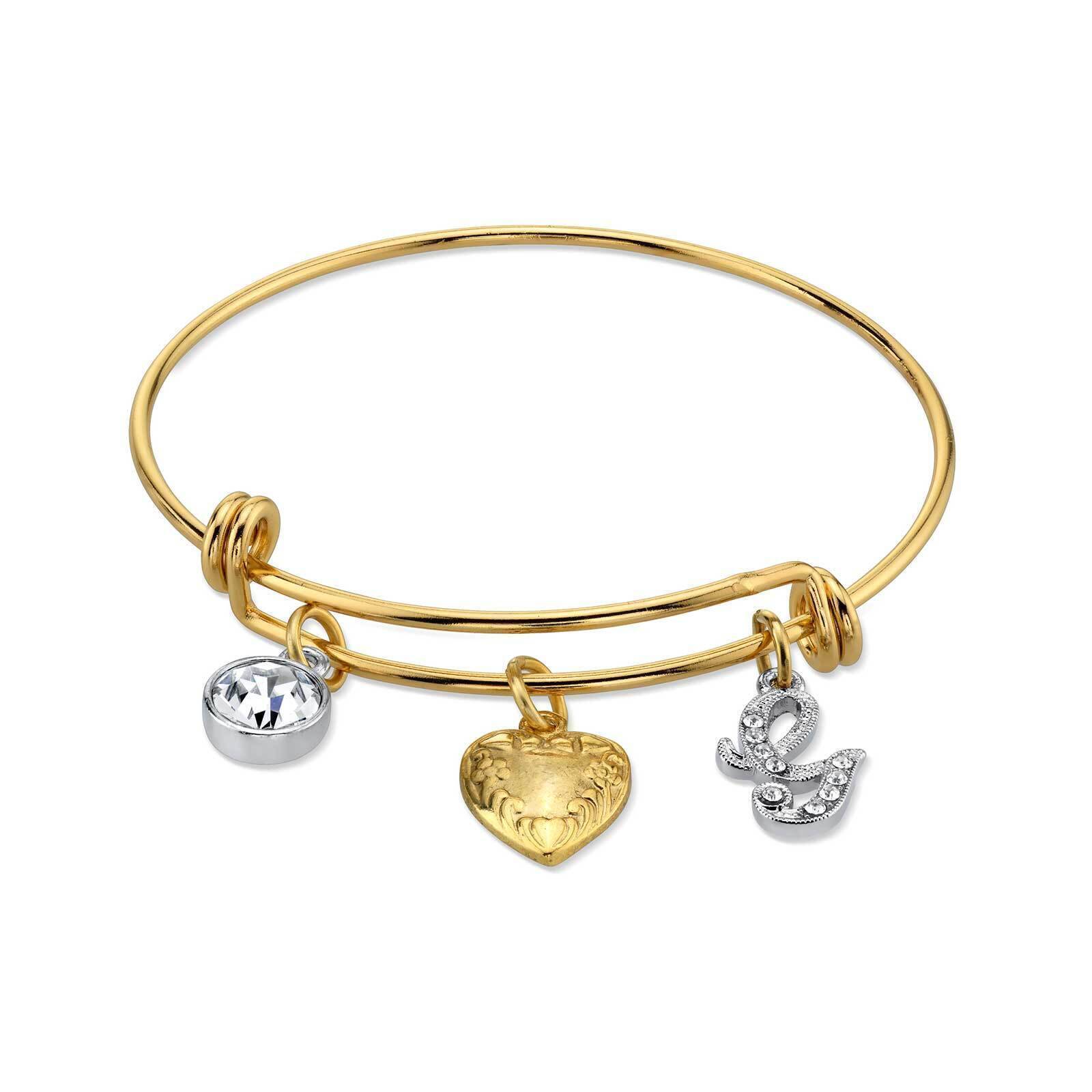 1928 Jewelry Gold Heart Initial Crystal Charm Bangle Bracelet, 2.5"