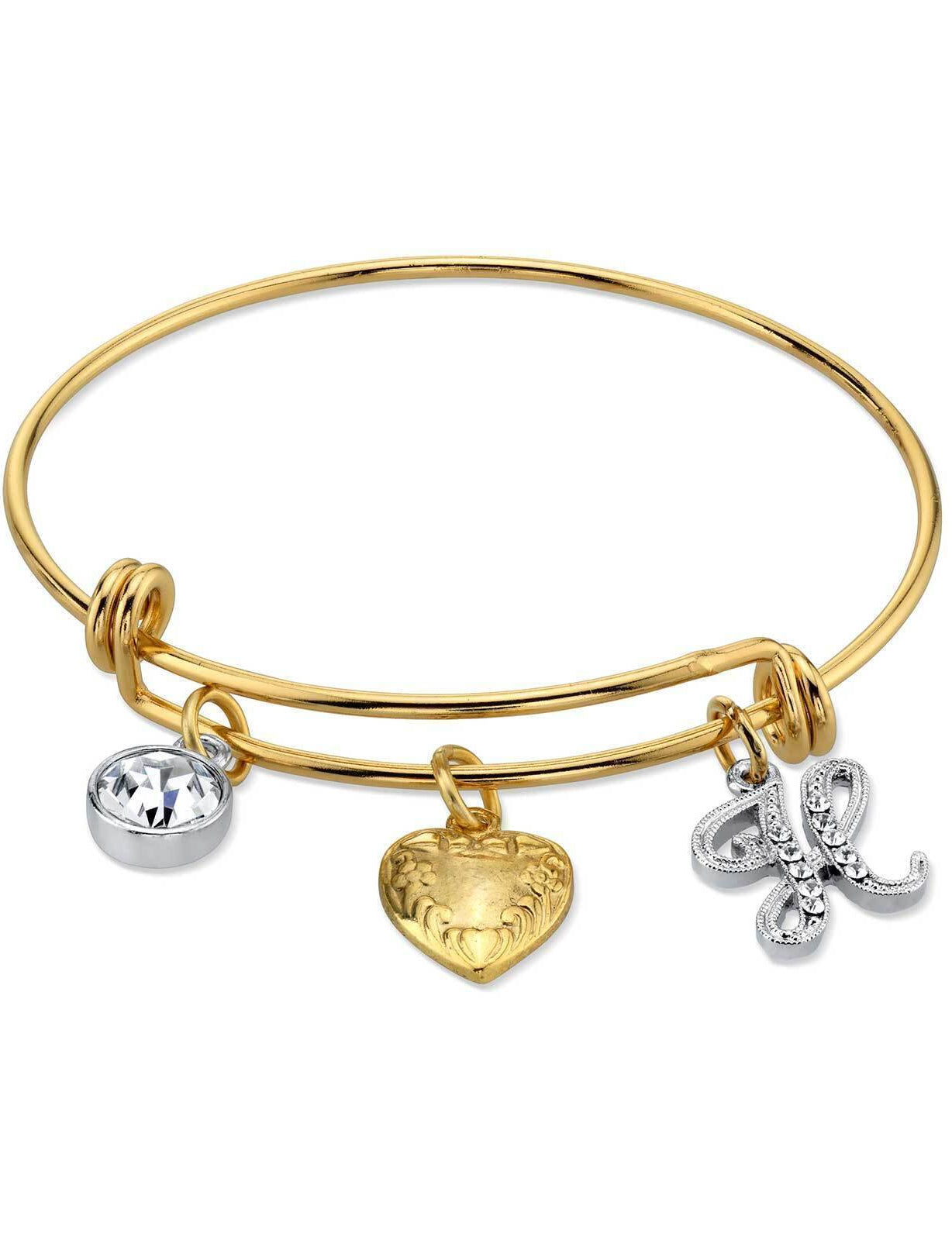 1928 Jewelry Gold Heart Initial Crystal Charm Bangle Bracelet, 2.5"