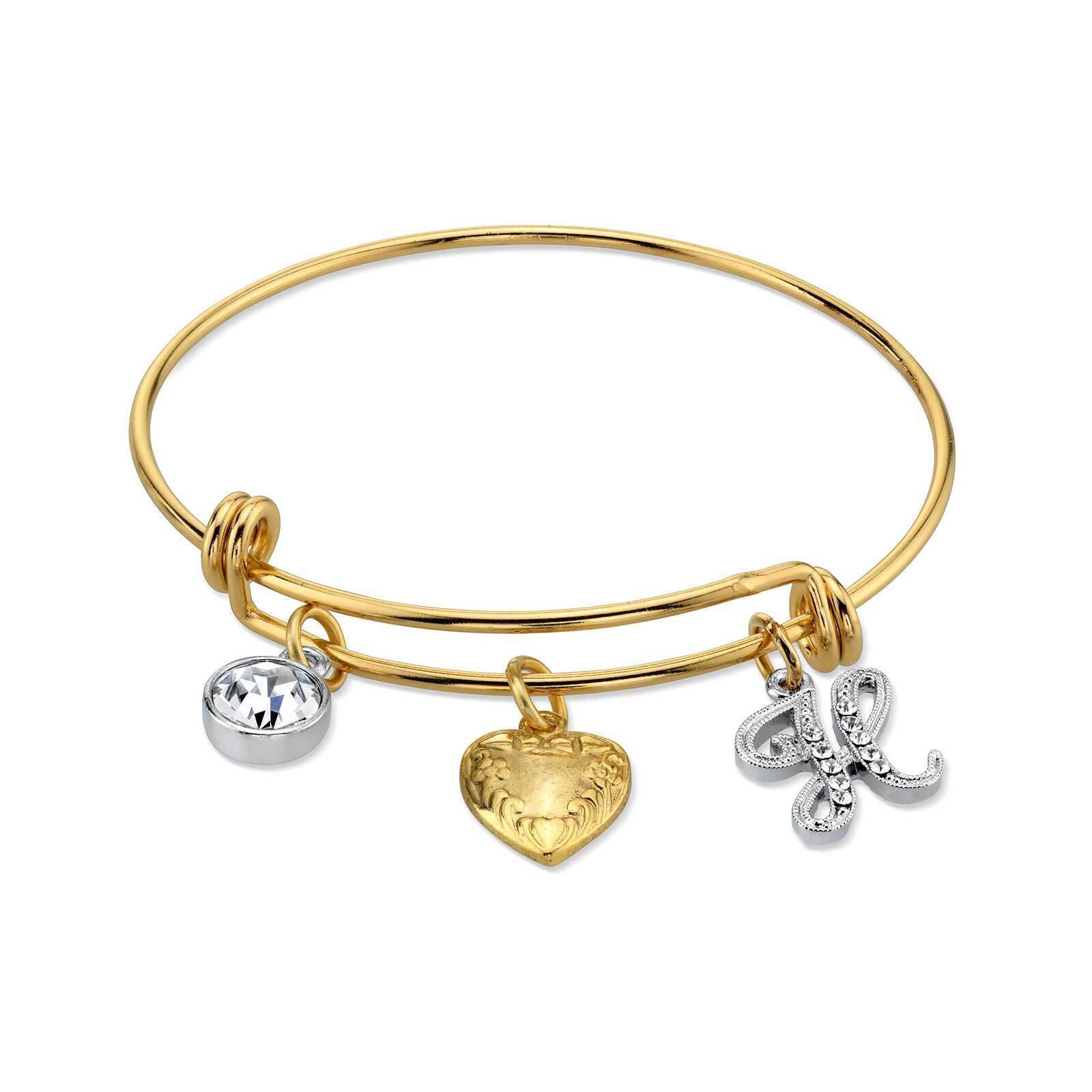 1928 Jewelry Gold Heart Initial Crystal Charm Bangle Bracelet, 2.5"