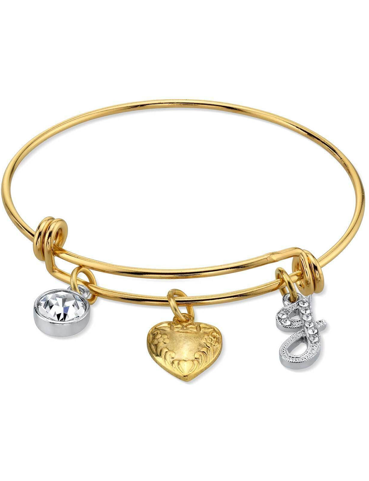 1928 Jewelry Gold Heart Initial Crystal Charm Bangle Bracelet, 2.5"