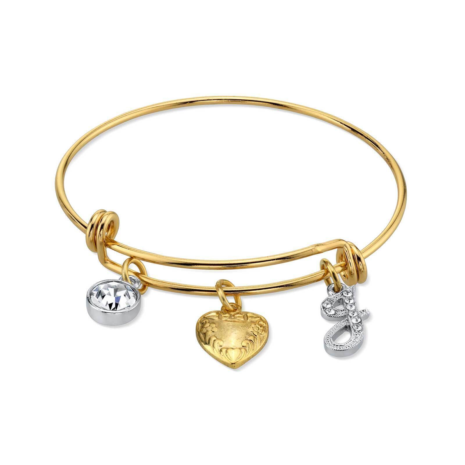 1928 Jewelry Gold Heart Initial Crystal Charm Bangle Bracelet, 2.5"