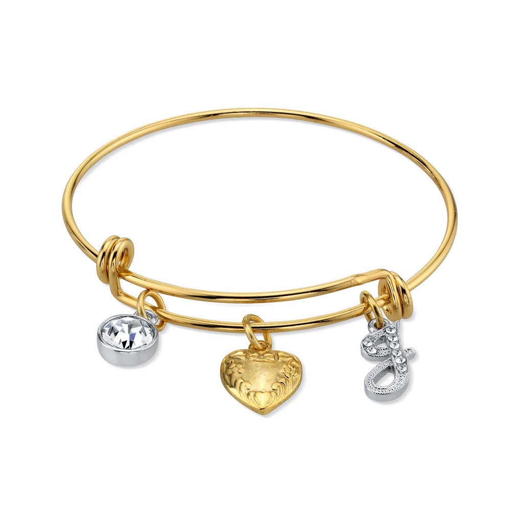 Women's Gold Heart J Initial Crystal Charm Bangle Bracelet, 2.5"