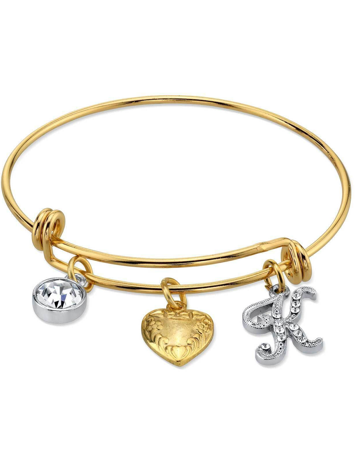 1928 Jewelry Gold Heart Initial Crystal Charm Bangle Bracelet, 2.5"