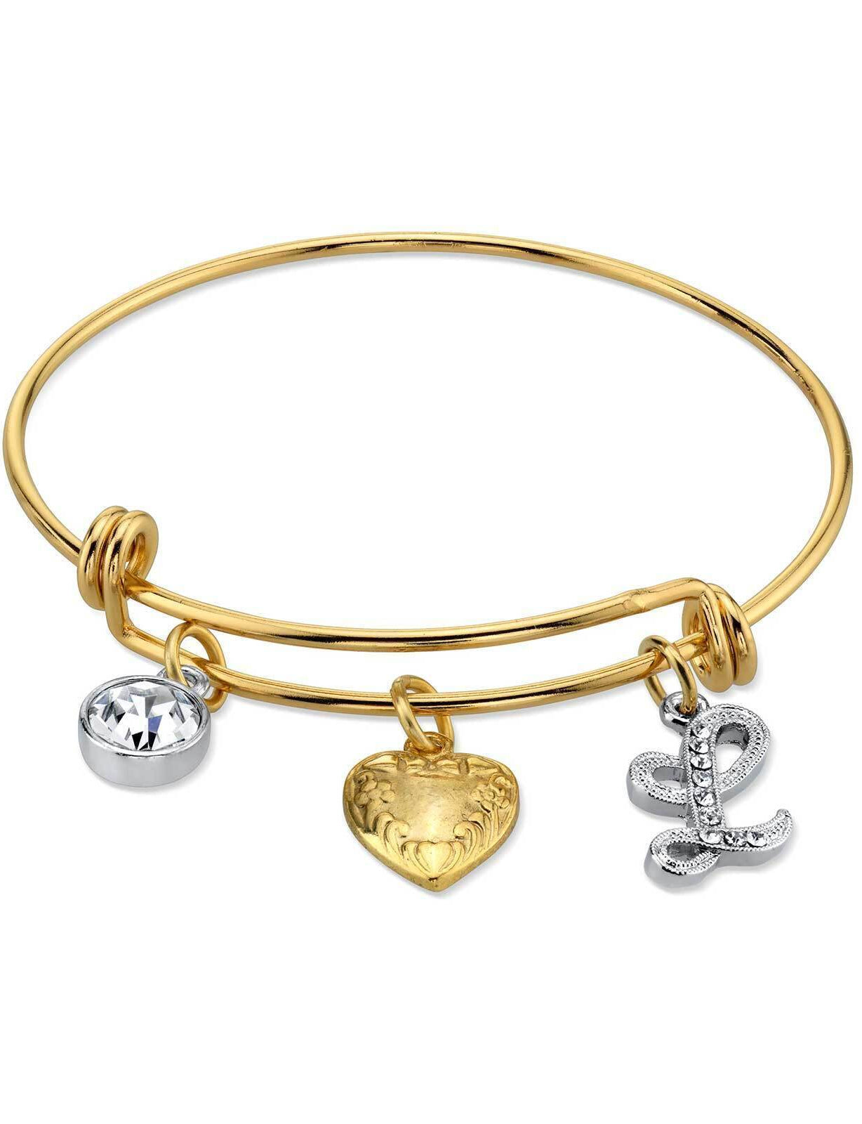 1928 Jewelry Gold Heart Initial Crystal Charm Bangle Bracelet, 2.5"