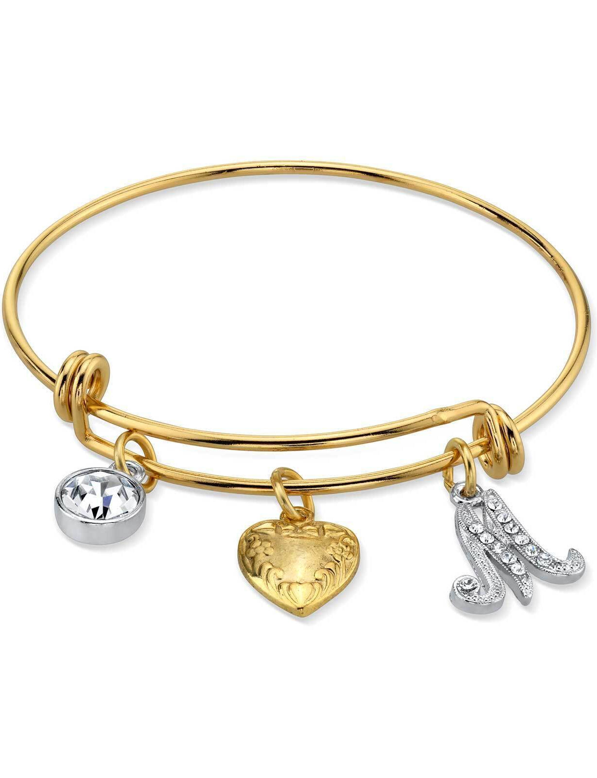 1928 Jewelry Gold Heart Initial Crystal Charm Bangle Bracelet, 2.5"