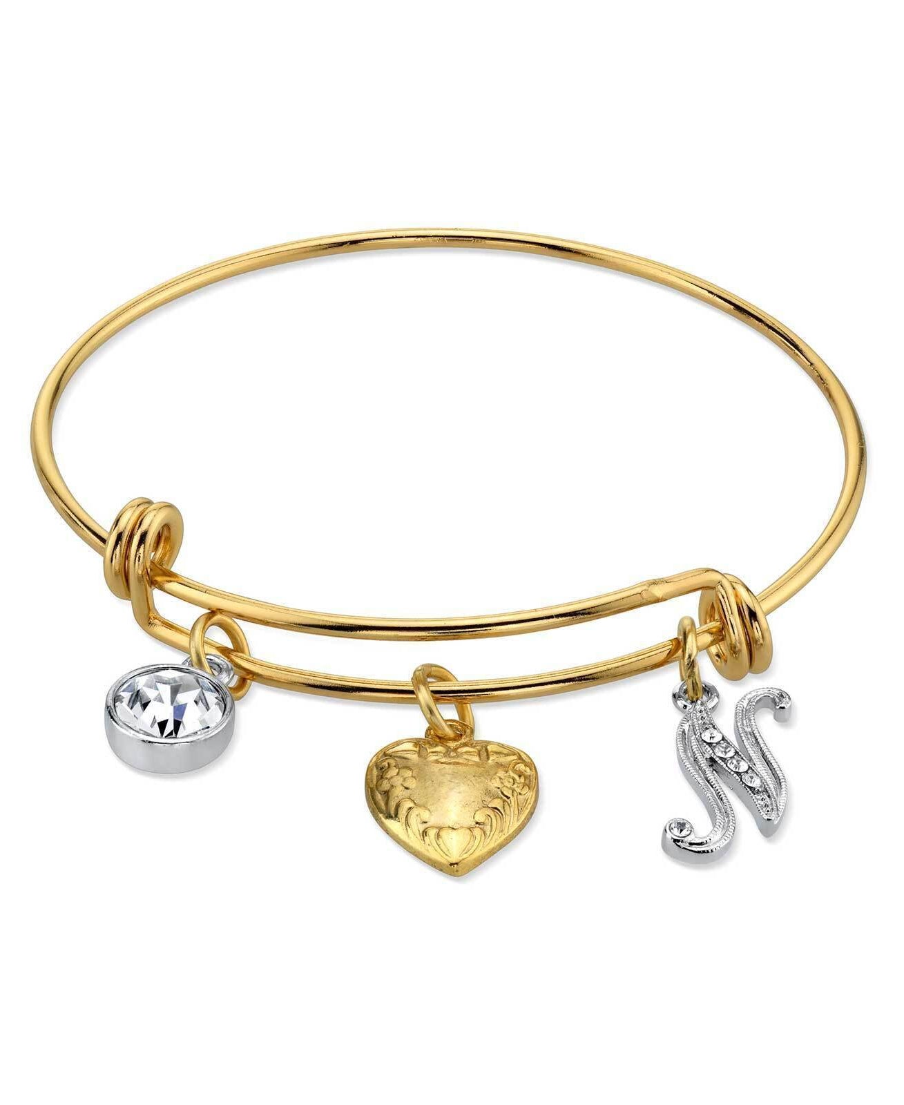 1928 Jewelry Gold Heart Initial Crystal Charm Bangle Bracelet, 2.5"