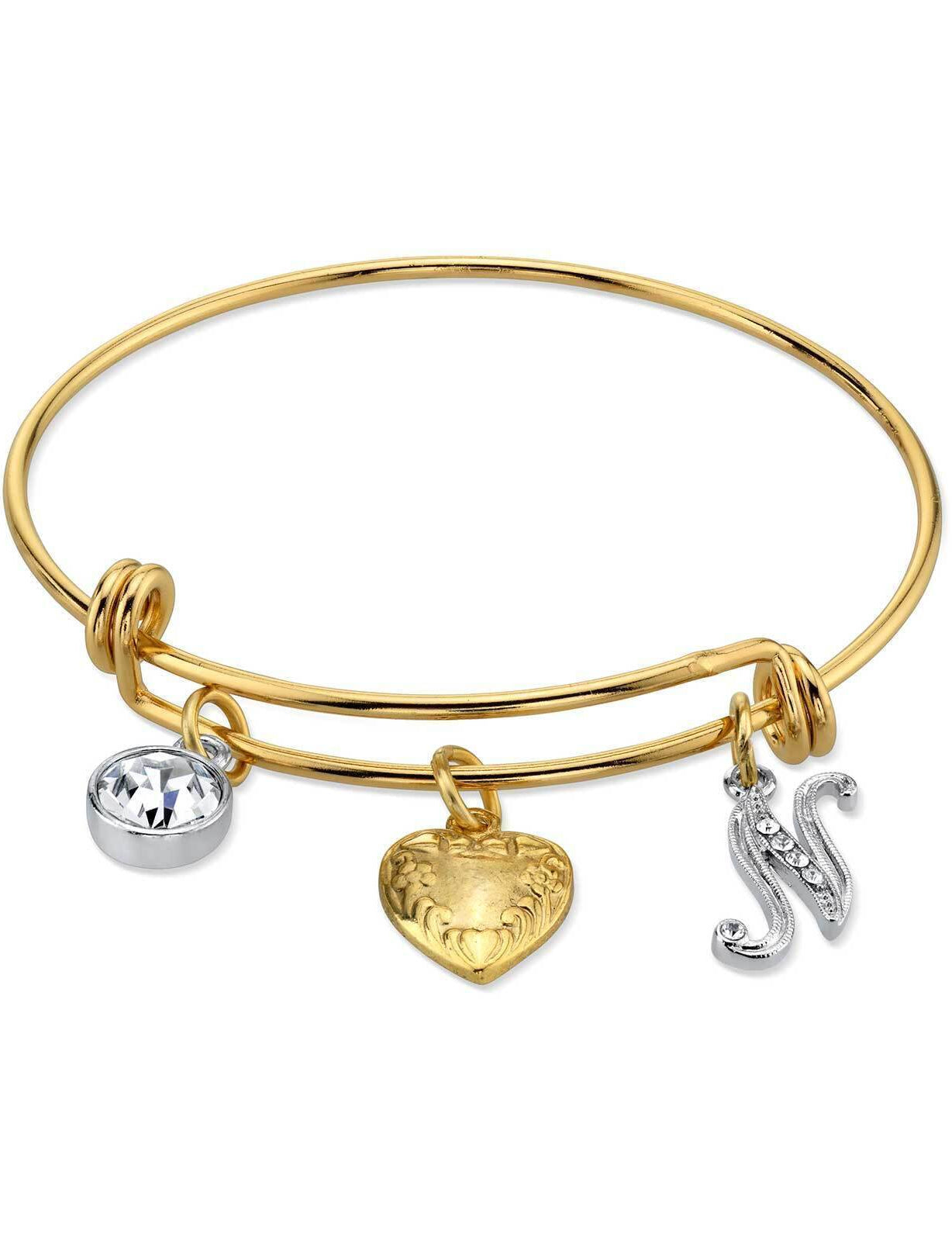 1928 Jewelry Gold Heart Initial Crystal Charm Bangle Bracelet, 2.5"