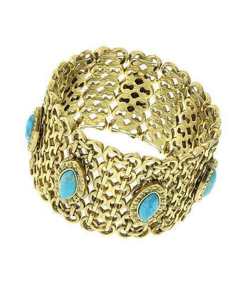 1928 Jewelry Turquoise Color Stone Wide Mesh Bracelet