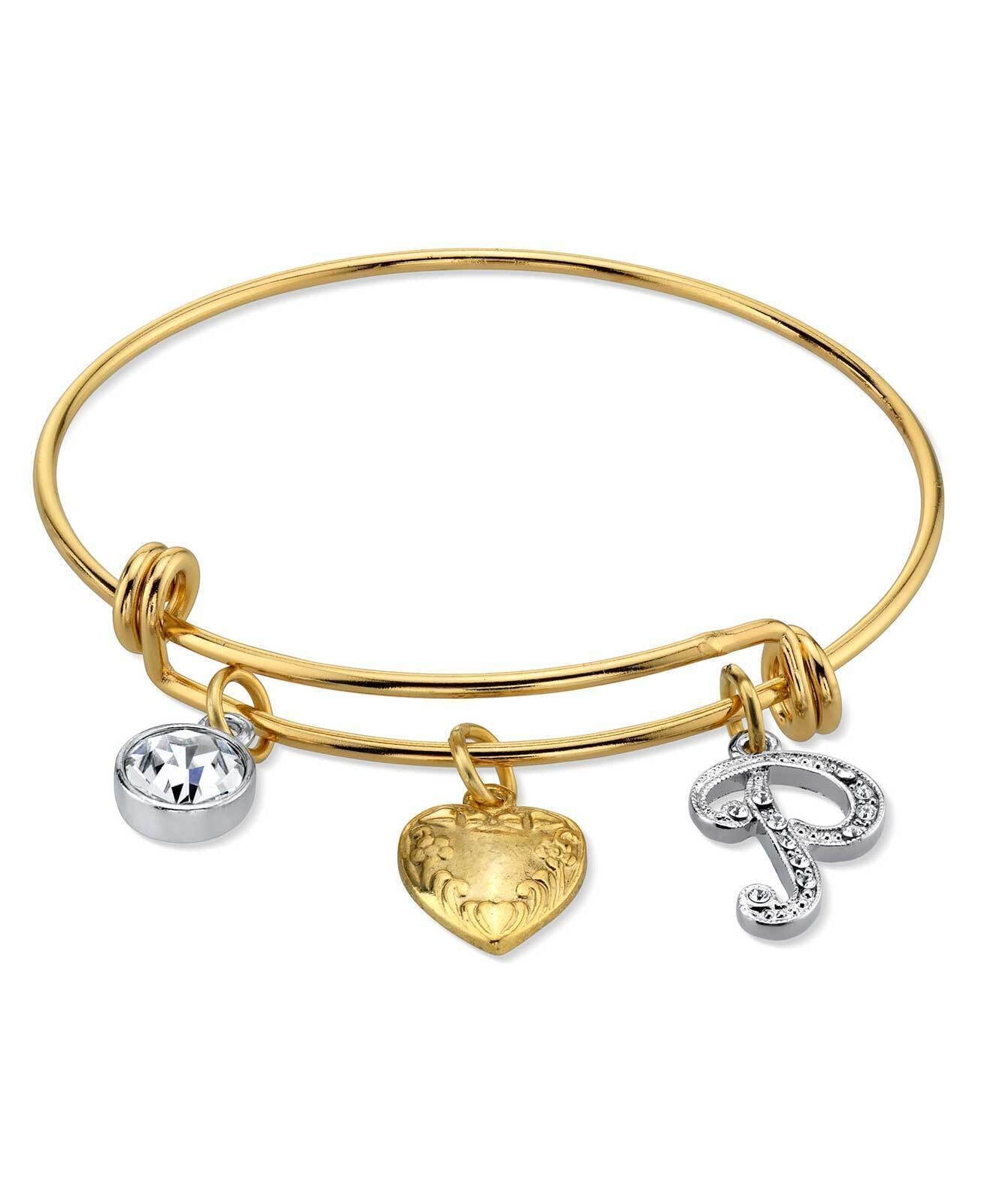 1928 Jewelry Gold Heart Initial Crystal Charm Bangle Bracelet, 2.5"