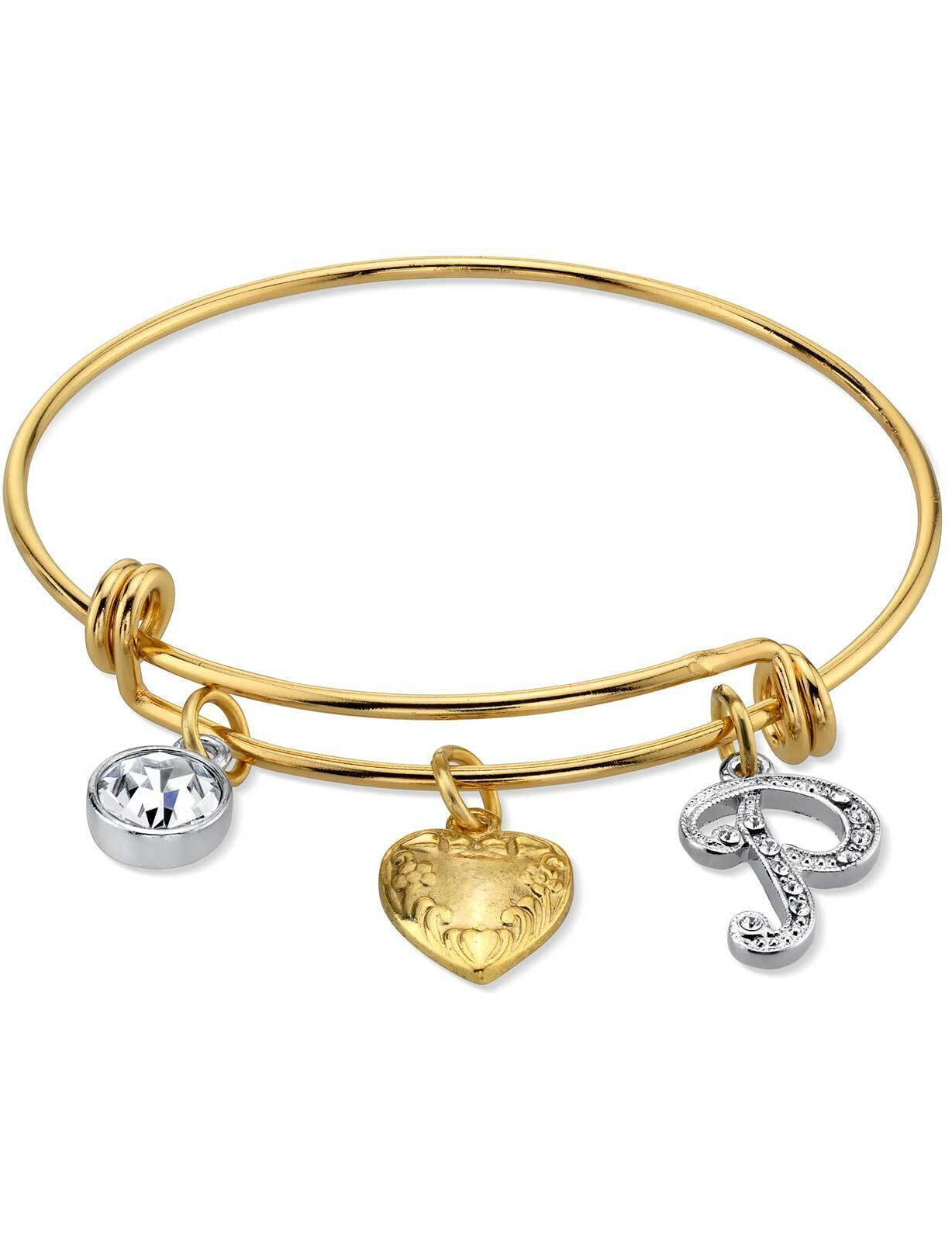 1928 Jewelry Gold Heart Initial Crystal Charm Bangle Bracelet, 2.5"