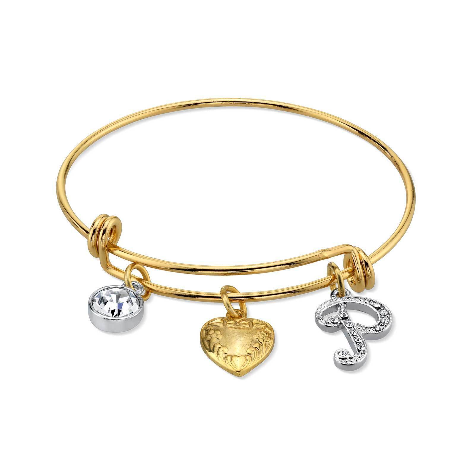 1928 Jewelry Gold Heart Initial Crystal Charm Bangle Bracelet, 2.5"