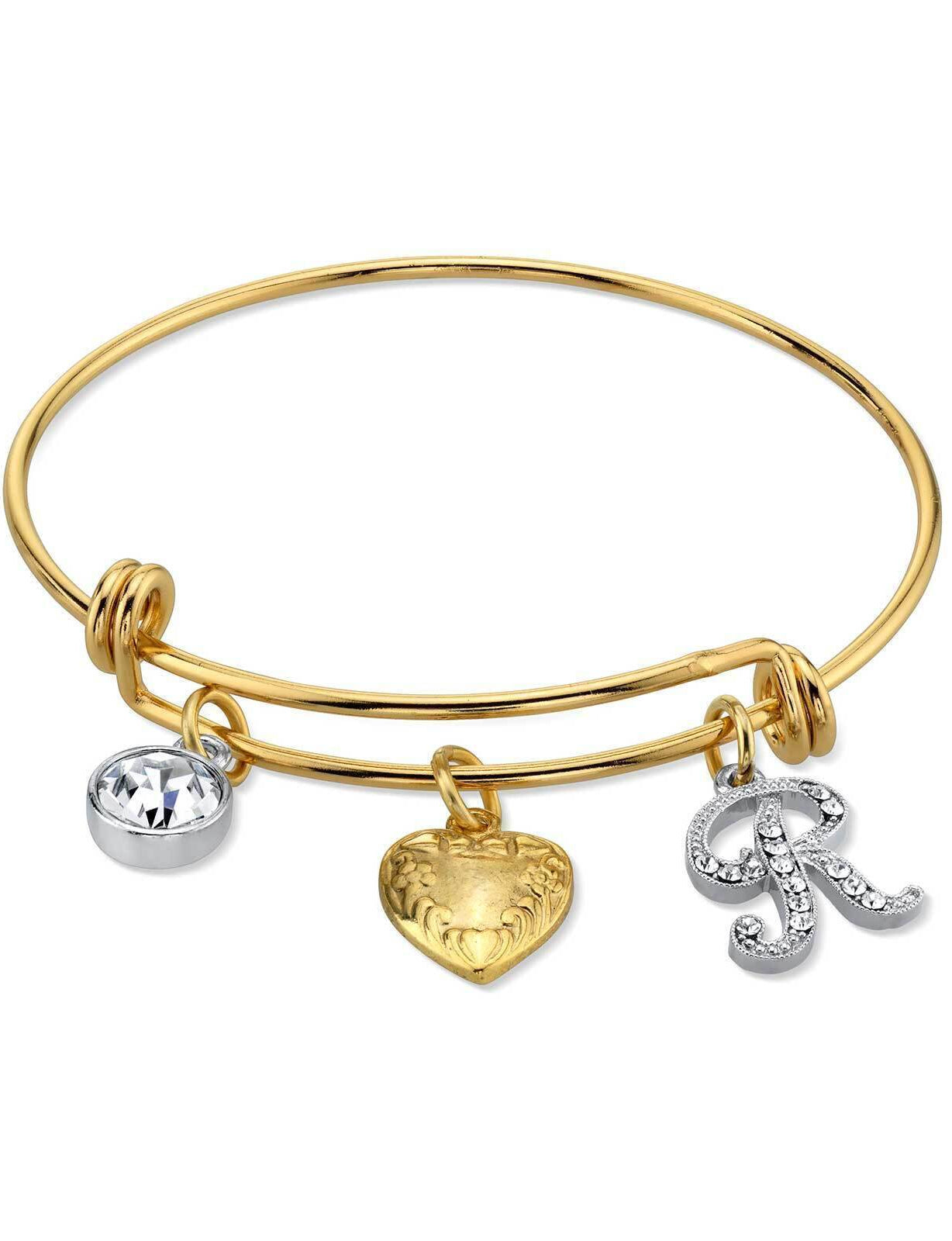 1928 Jewelry Gold Heart Initial Crystal Charm Bangle Bracelet, 2.5"