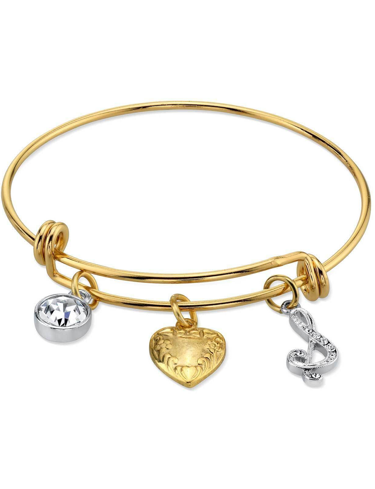 1928 Jewelry Gold Heart Initial Crystal Charm Bangle Bracelet, 2.5"