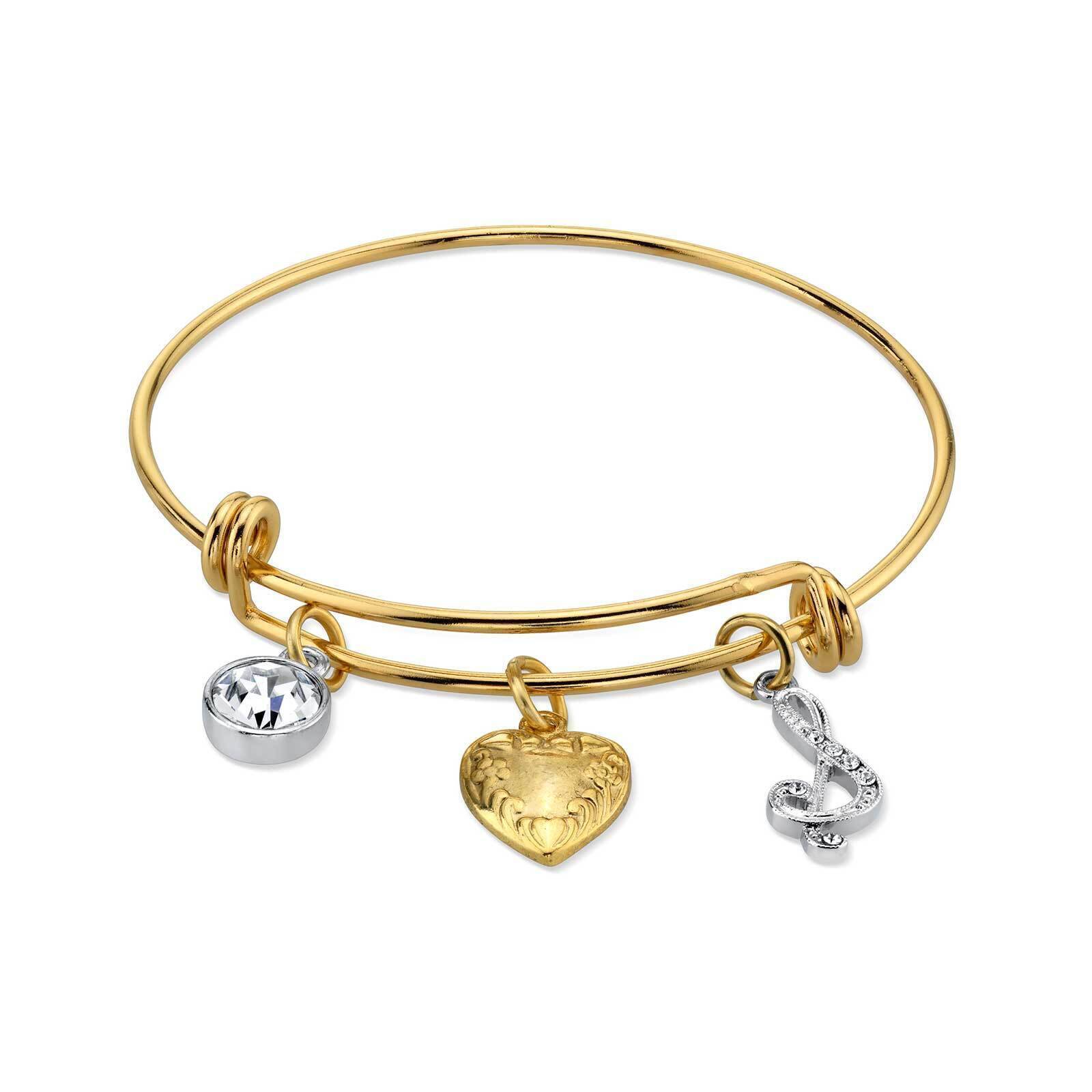 1928 Jewelry Gold Heart Initial Crystal Charm Bangle Bracelet, 2.5"