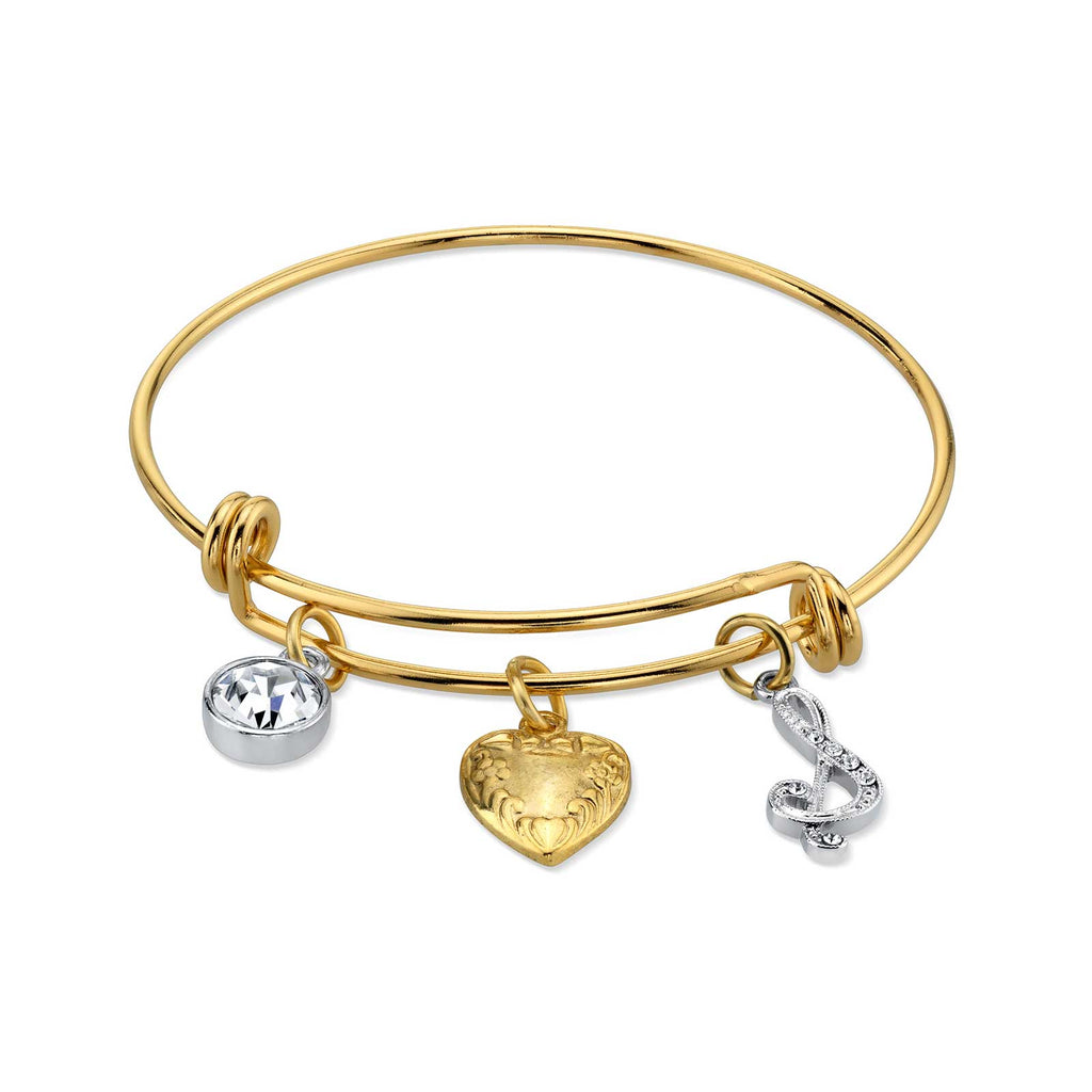 Women's Gold Heart S Initial Crystal Charm Bangle Bracelet, 2.5"